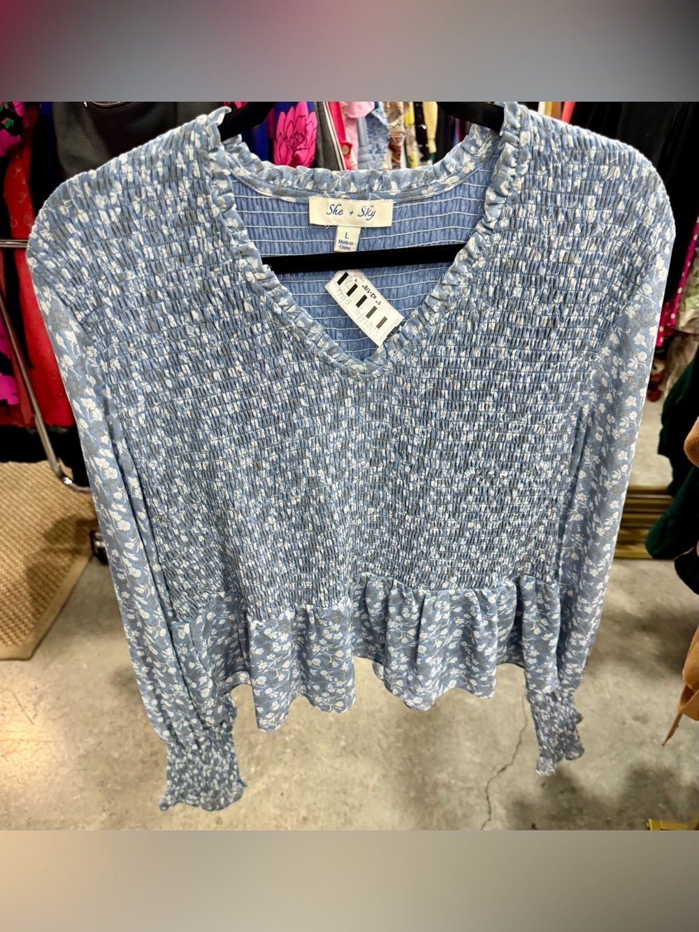 She + Sky Light Blue Floral Smocked V-Neck Peplum Blouse